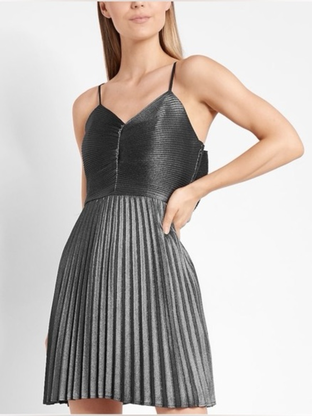 Express Metallic Pleated Mini Dress NWT shimmer fabric and bow detail on back